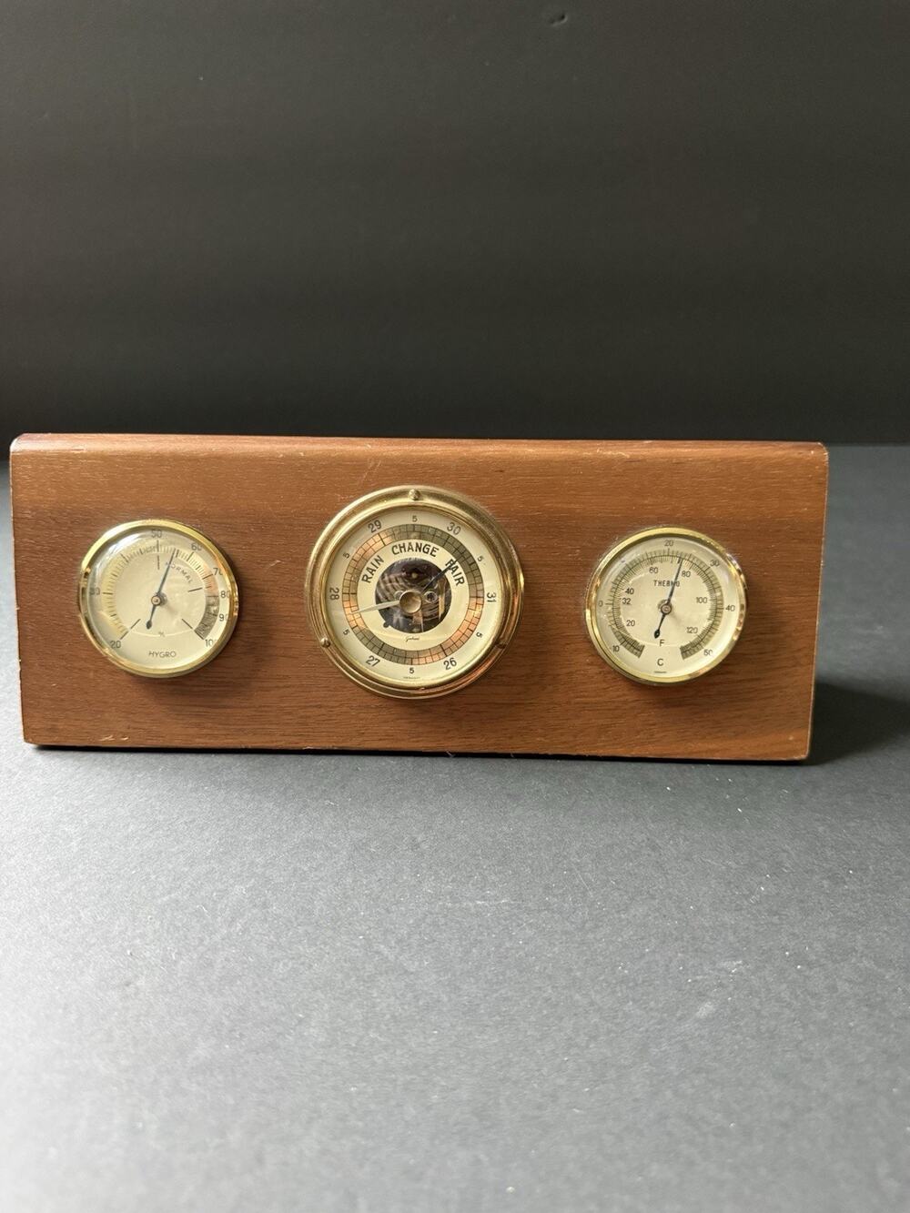 Gischard West Germany Barometer Thermometer Wood Brass Tone Desk Weather Station
